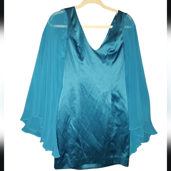 Pearl column dress with sheer butterfly sleeves. Gorgeous peacock blue. Size 4 - Picture 2 of 8